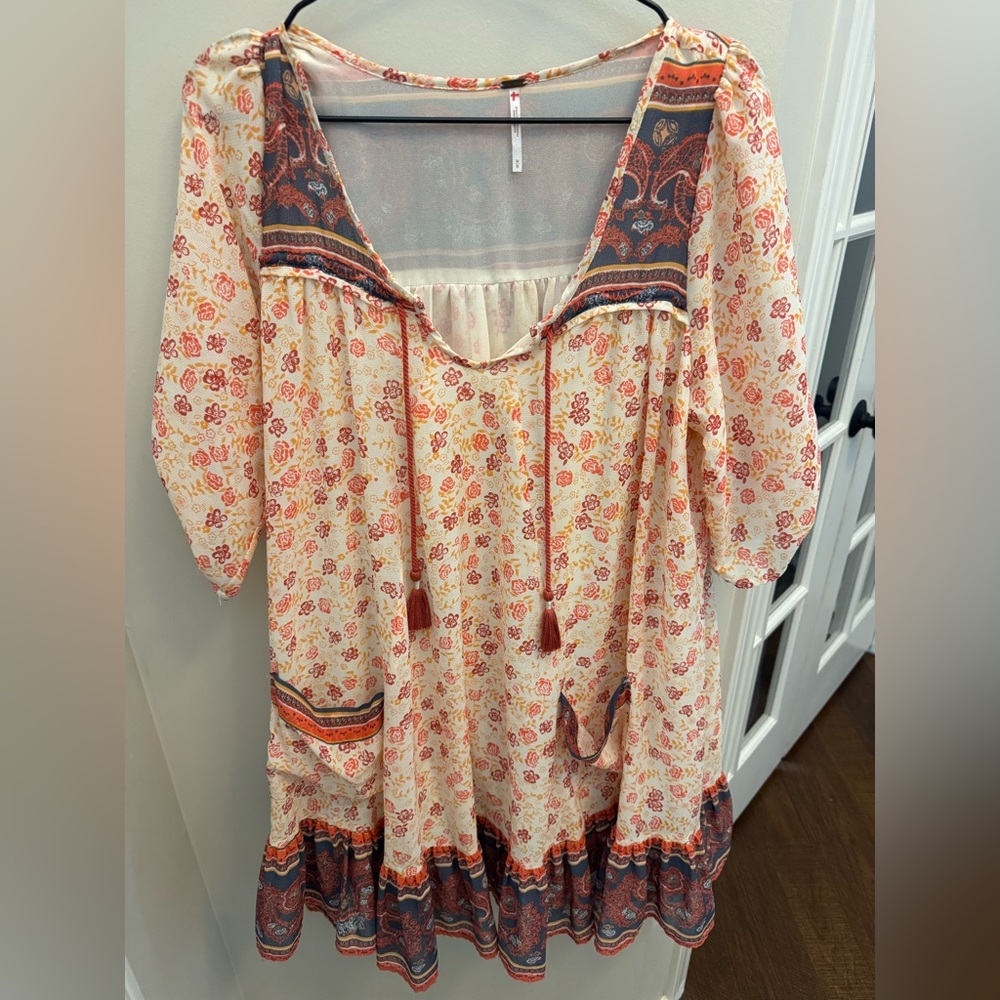 Free People Peach Floral Boho Midi Dress with Red and Navy Trim - Picture 4 of 8
